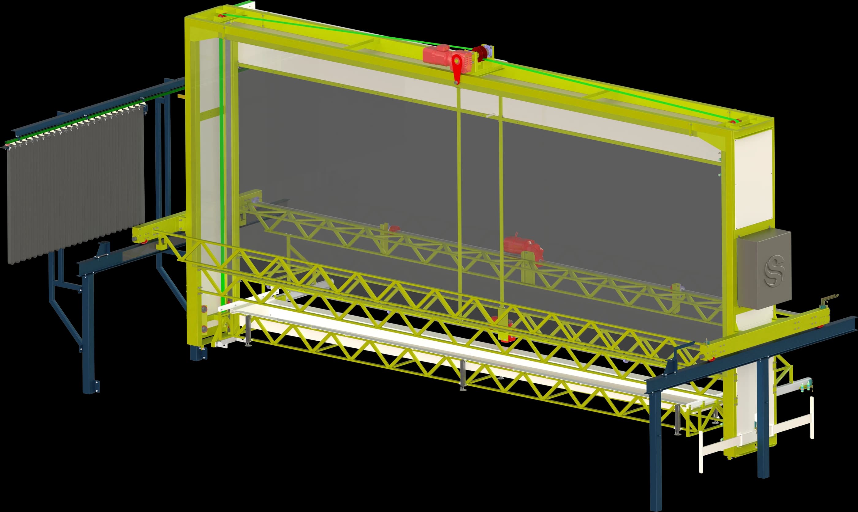 3D model of an EVESS gantry hoist with crossbeam and jig