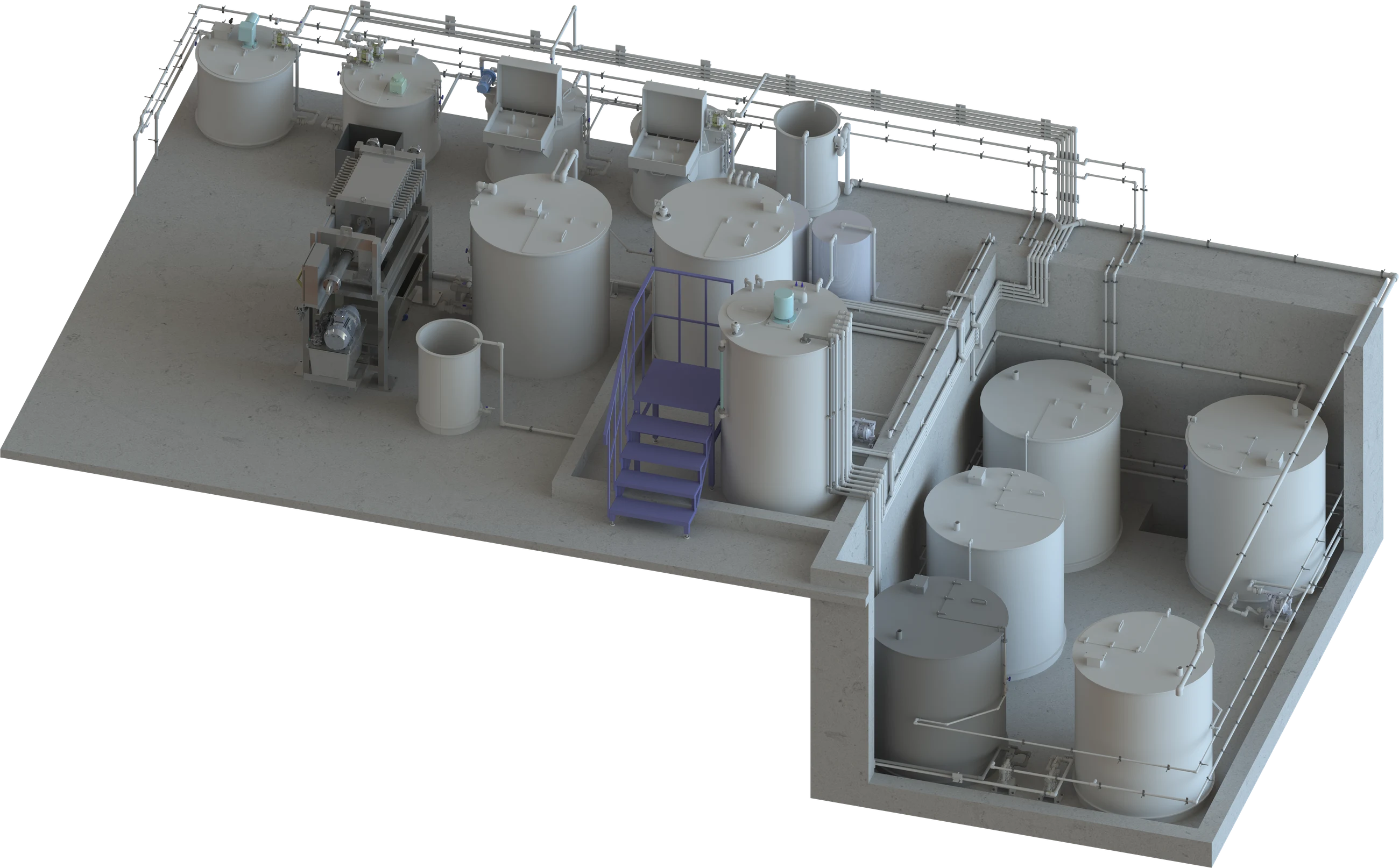 Engineering render of an EVESS effluent treatment plant for a surface finishing line